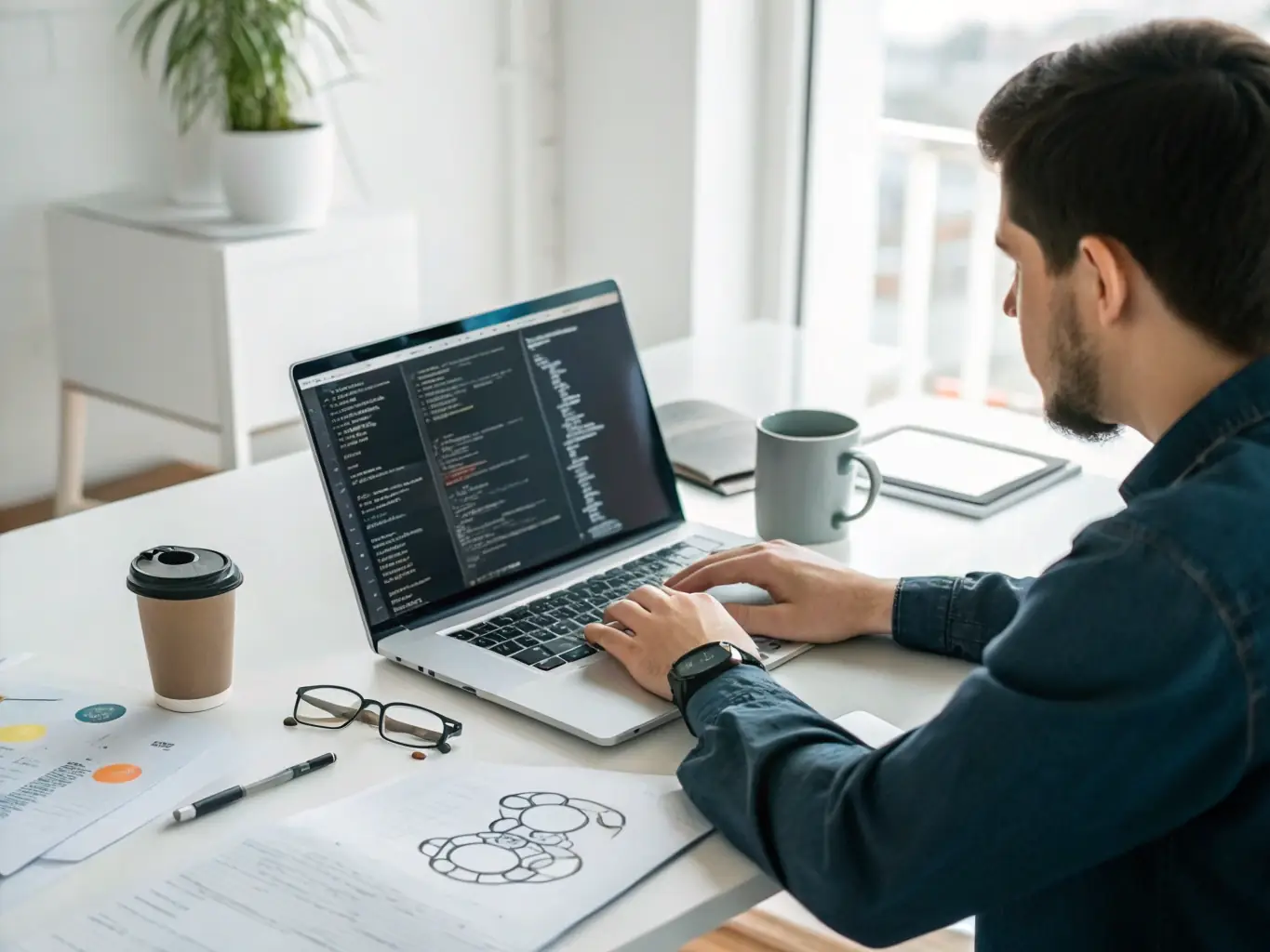A developer working on a clean, modern landing page design on a large monitor, showcasing the attention to detail and user-centric approach of Infinovis Media's landing page services.