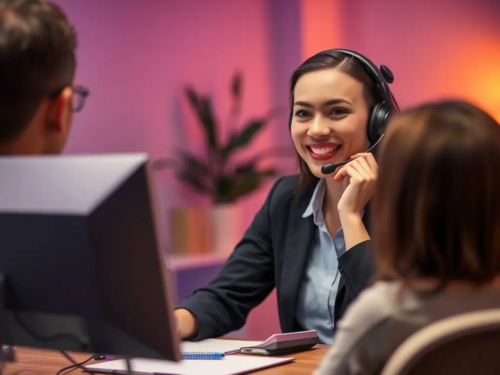 A professional agent answering a call in a modern call center, focusing on healthcare inquiries with a friendly and efficient demeanor.