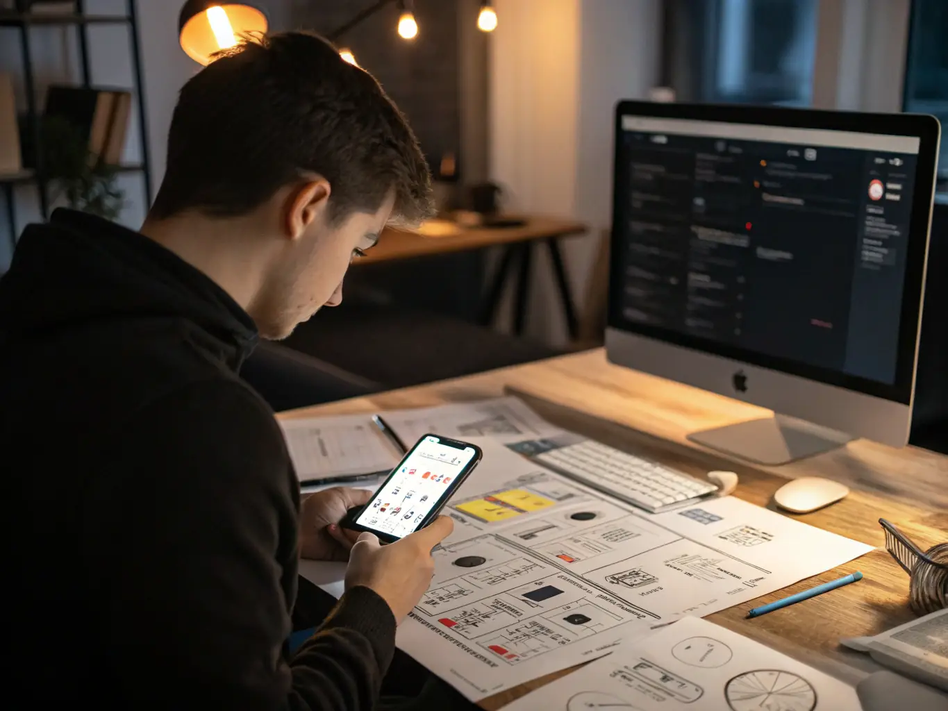 A mobile app developer coding on a laptop with a mobile device displaying a sleek app interface, representing Infinovis Media's expertise in mobile app development.