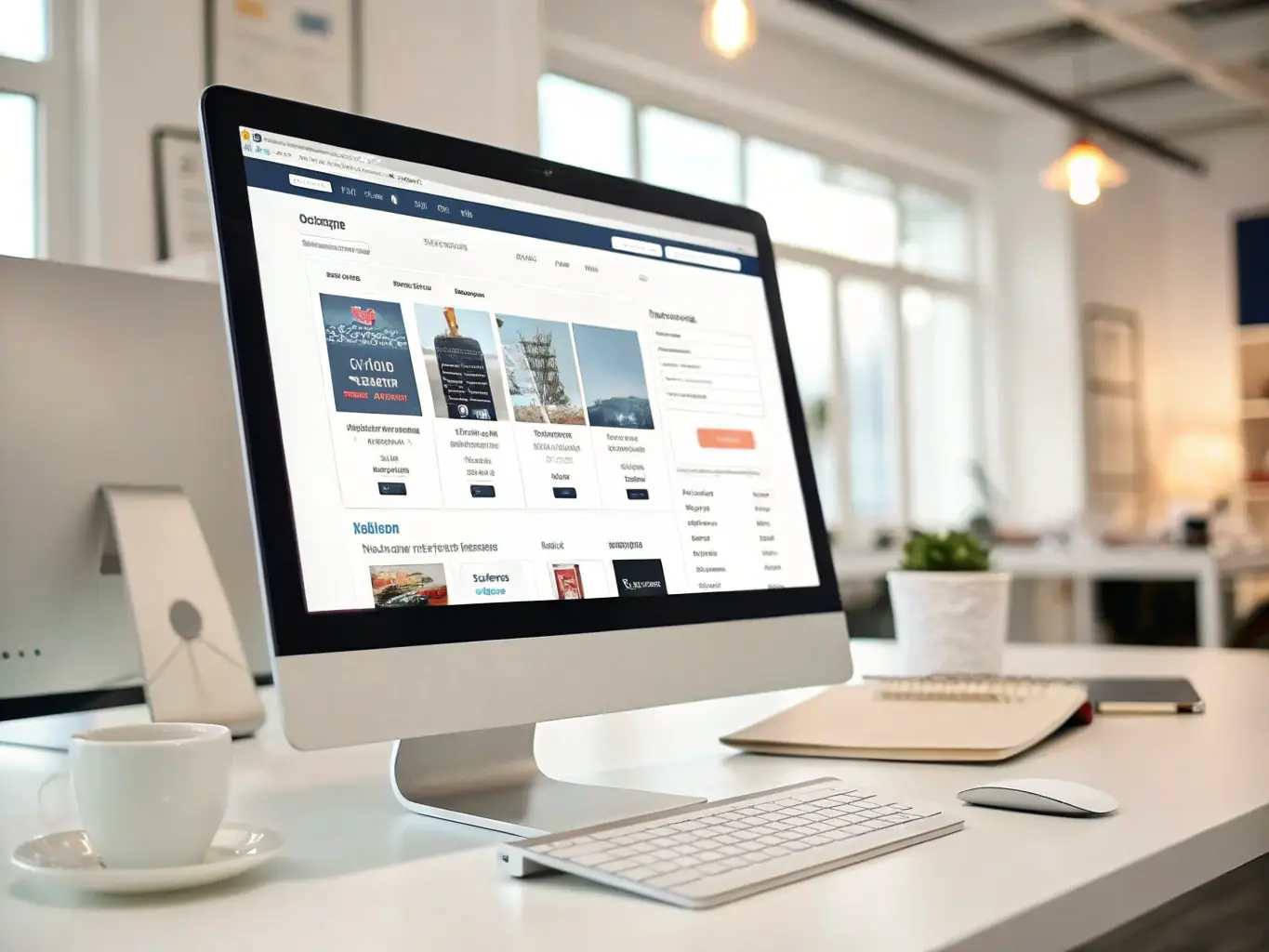 A web developer building an e-commerce website with various product images and shopping cart icons, highlighting Infinovis Media's e-commerce development capabilities.
